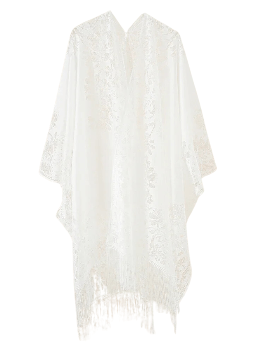 Poncho Femme Bohème Élégance Transparente    Blanc / Taille unique largueur 90cm longueur 120cm / Acrylique