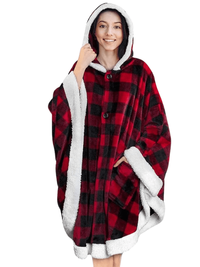 Poncho Polaire Femme  Noir Et Rouge / Une Seule Taille / 100% Coton Sherpa