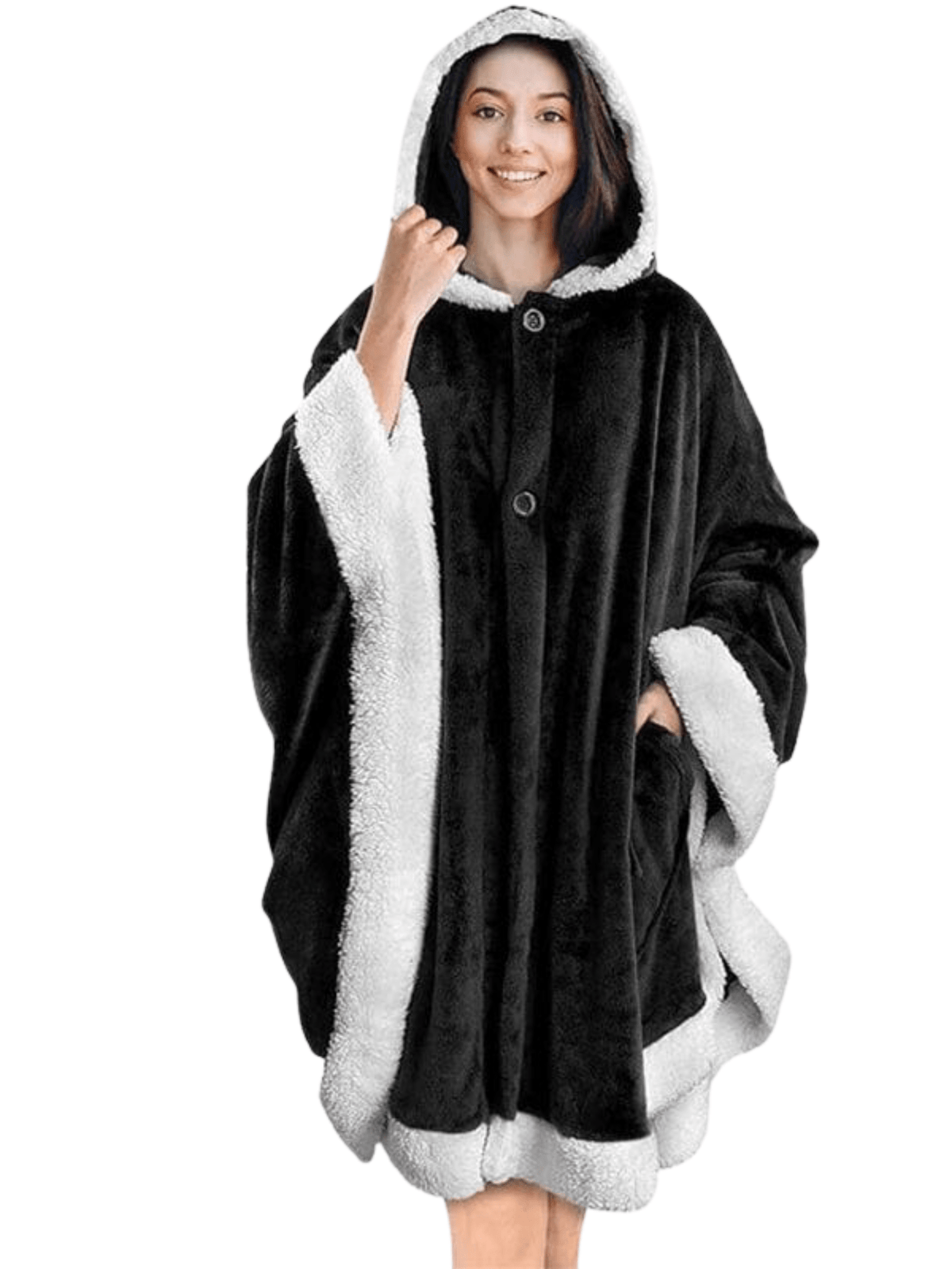 Poncho Polaire Femme  Noir / Une Seule Taille / 100% Coton Sherpa